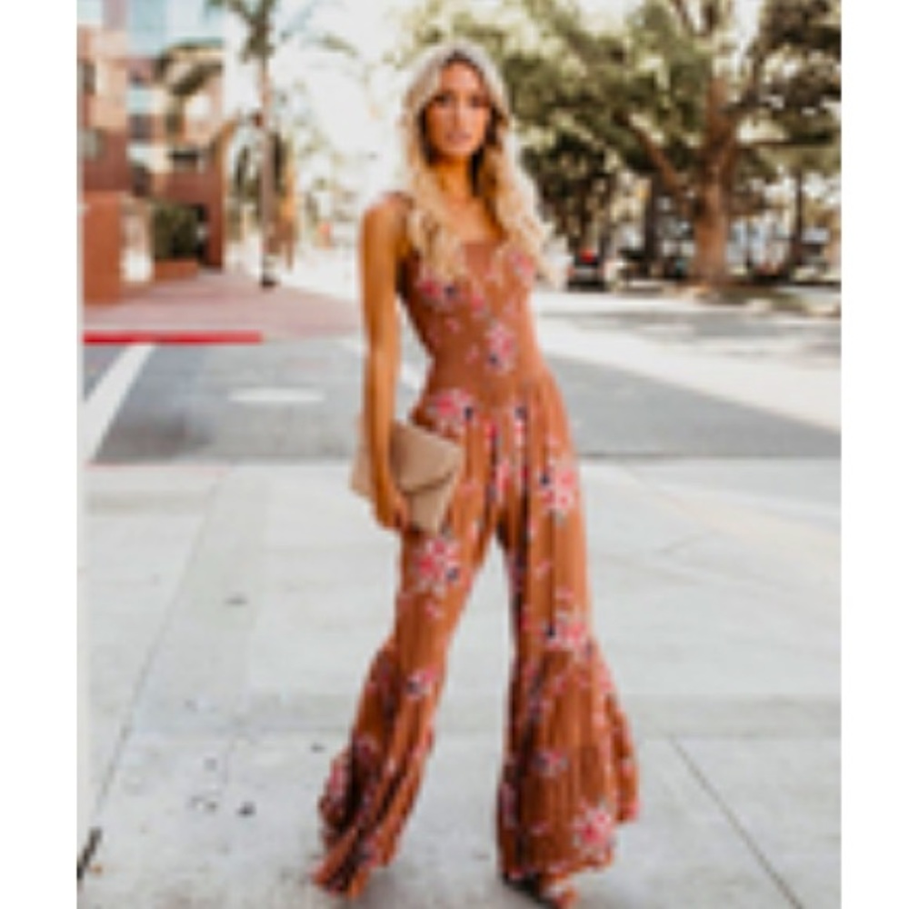 Vici-smocked bell bottom jumpsuit